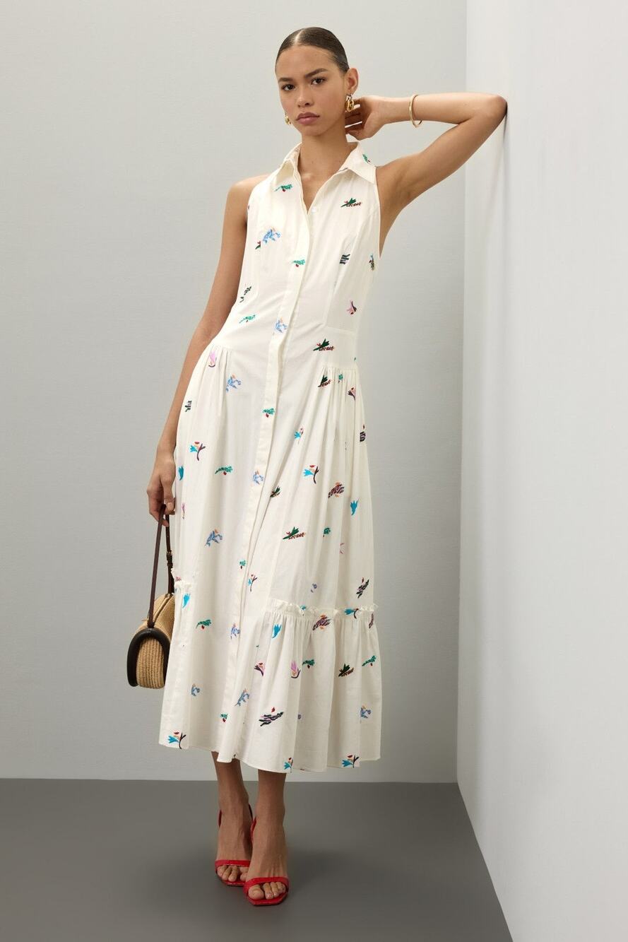 PRABAL GURUNG White Floral Sleeveless Embroidered Cotton Midi Dress Size 10
